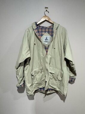 Misty Harbor Hooded Rain Coat~Original Beige •Plaid Liner•Zip/Snap•Pockets~XLARG